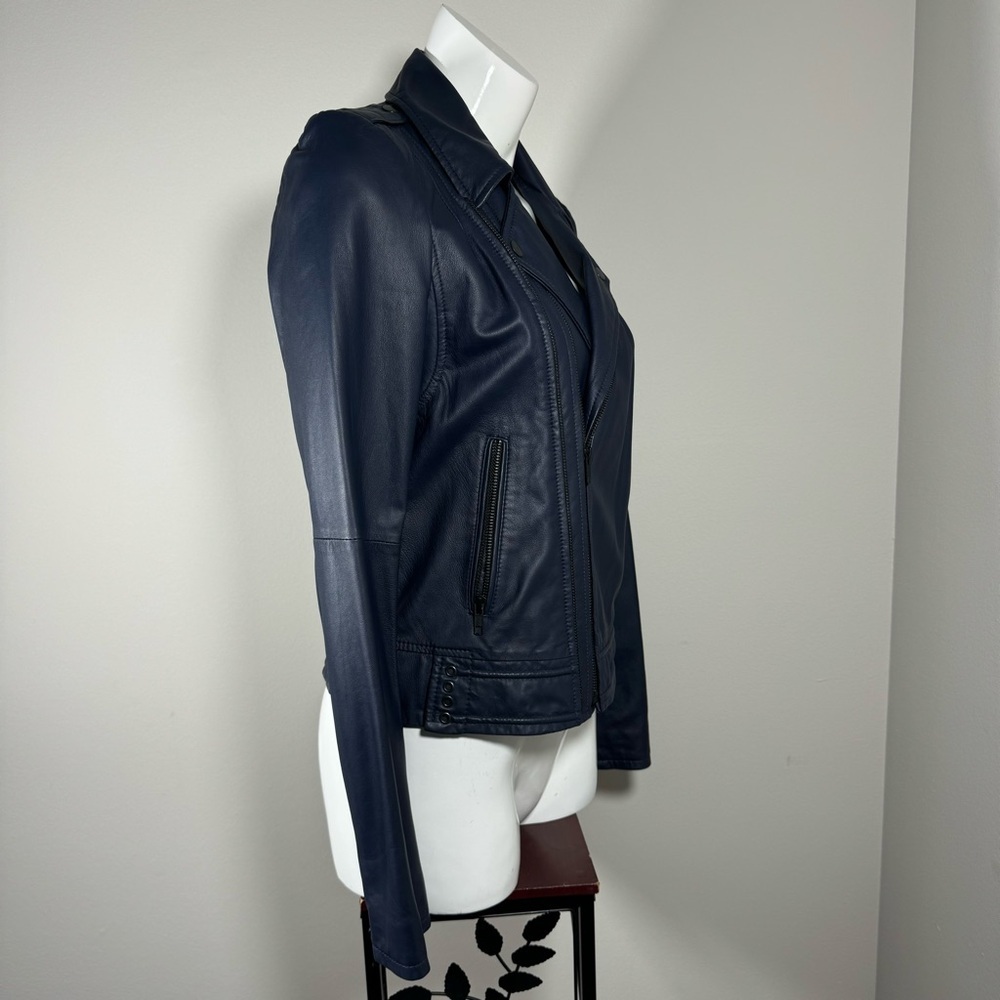 JOIE Caldine Moto Jacket Navy Blue Leather Zip Up Collared Women’s Size Medium - Picture 3 of 16